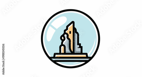 Stylized water fountain inside a glass orb, outlined in black