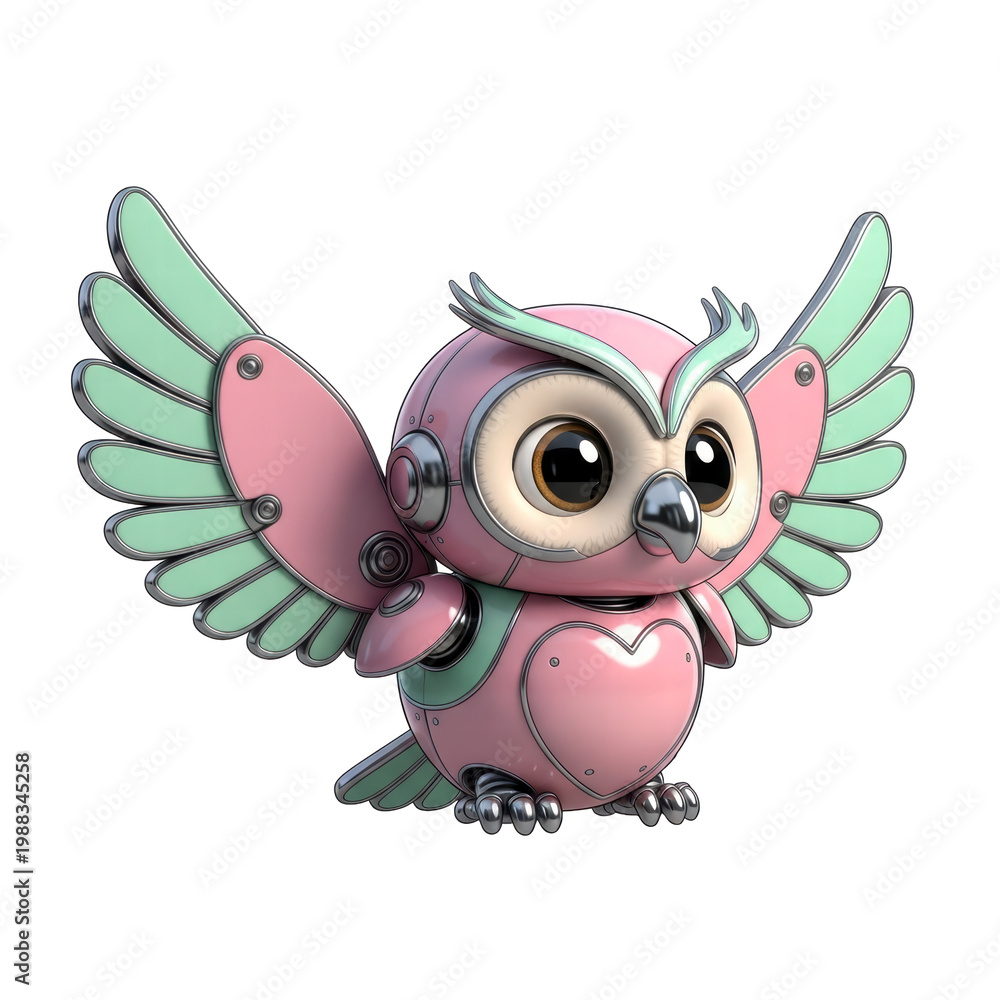 Naklejka premium Adorable pink and mint green robot owl flying