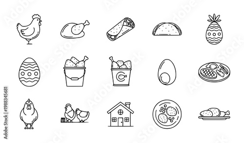 Set of 9 Chicken and Food Outline Icons with Chicken, Wrap Sandwich, Easter Egg and Farm Food Elements Vector Illustration on White Background