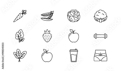 Set of 9 Diet and Healthy Food Outline Icons with Fruits, Vegetables and Waist Fitness Concept Vector Illustration on White Background