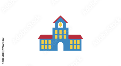 Stylized school illustration with bell tower and flat design style against a white backdrop