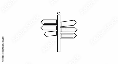 Black and white line drawing of a directional signpost with six blank signs