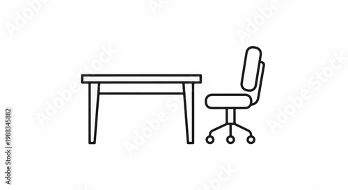 Simple line art of a desk with a rolling office chair