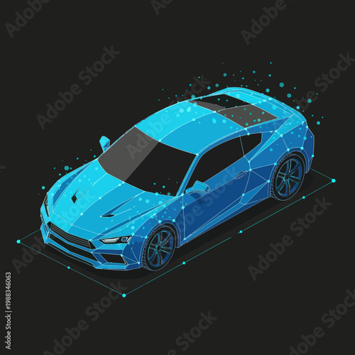 Futuristic Blue Sports Car with Digital Network Overlay.