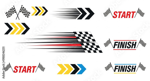 Racing start and finish line flags and speed arrows.