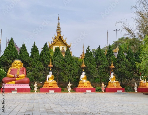 Photography Wat Saengkaewphothiyan,Chiangrai, Thailand:A calm row of Buddha statues sitting in front of tall green trees,with a golden temple peeking out behind