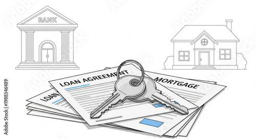 Keys to Mortgage Loan Agreement and Bank Building Illustration.