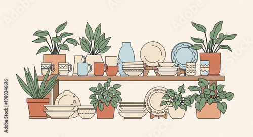 Kitchen Shelves Filled With Plants and Dishes.