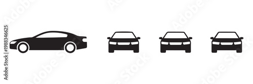 Black car icon set with side view sedan and front view vehicle silhouettes on white space.