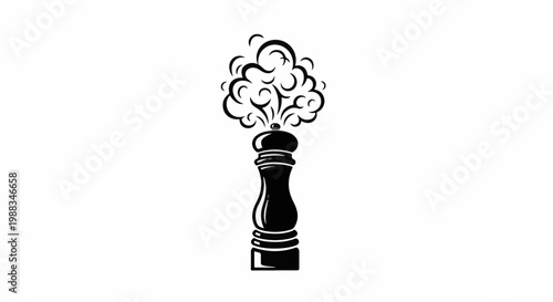 Stylized black pepper grinder with swirling spices erupting upwards