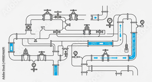 Complex Industrial Plumbing System Diagram with Valves and Gauges.