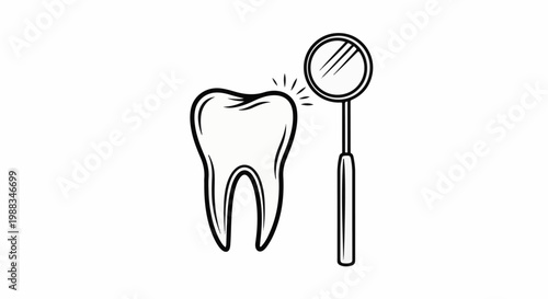 A stylized tooth is examined with a dental mirror, indicating oral health