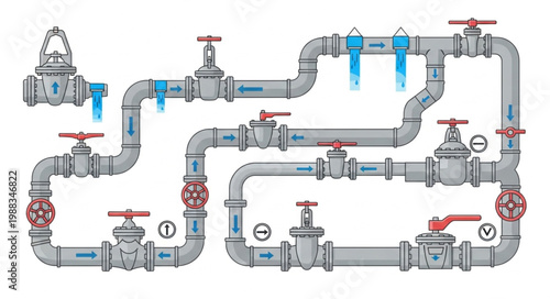 Complex Industrial Plumbing System with Valves and Filters.