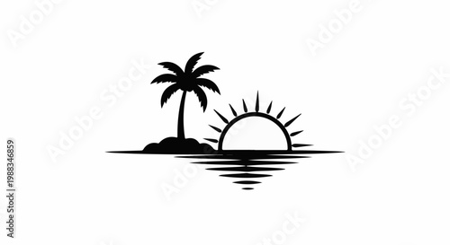 Silhouette of a palm tree and a setting sun over water