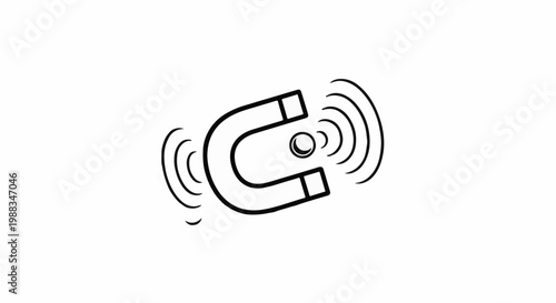 A stylized black and white outline of a horseshoe magnet attracting a small ball