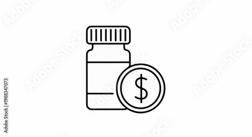 Outline icon of a pill bottle next to a coin