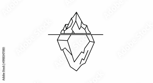 A stark outline drawing of an iceberg, half submerged in water