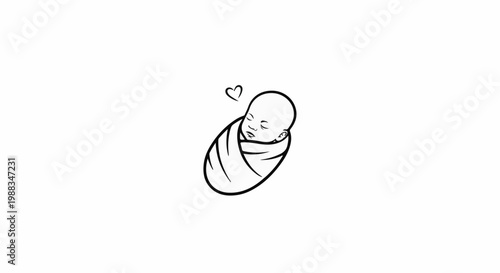 Simple line art of a newborn baby, swaddled and sleeping, with a heart