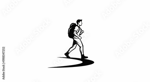 Lone hiker with a backpack walks a curved path