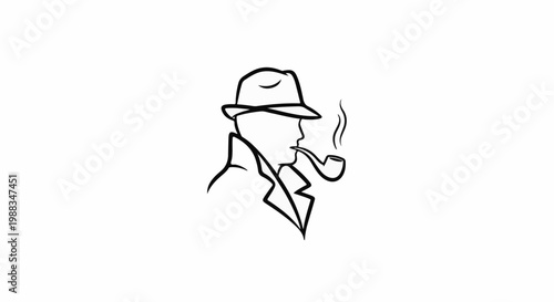 Silhouette of a man wearing a hat and coat, smoking a pipe