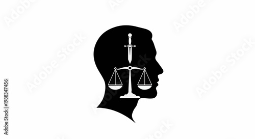 Silhouette of head with scales of justice and sword inside