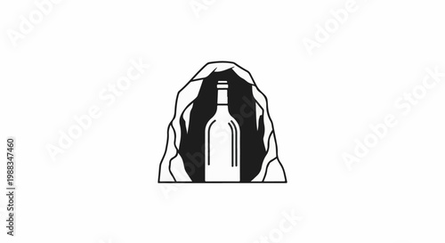 A simple line drawing of a bottle inside a cave opening