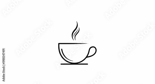 Minimalist black outline of a steaming coffee cup on a white background