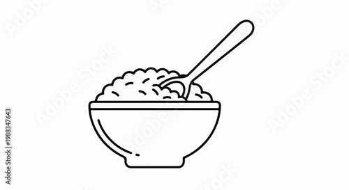 Simple line drawing of a bowl filled with cereal and a spoon