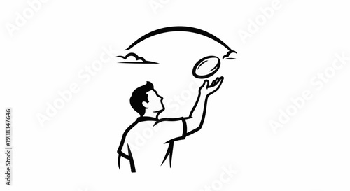 A person is tossing a ball with clouds and an arch overhead