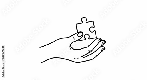 A line drawing of a hand holding a single jigsaw puzzle piece