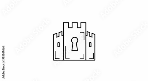 A minimalist line art icon depicts a castle with a keyhole cutout