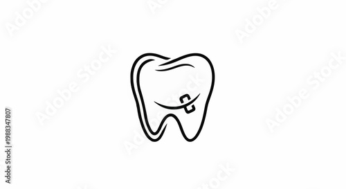 Simple outline of a tooth with a stylized smile and a square filling