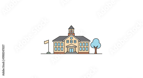 Minimalist Illustration of a School Building with a Flag, a Tree, and Clear White Background