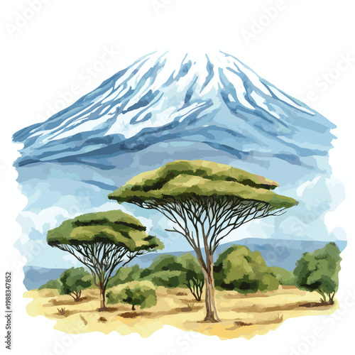 Mount Kilimanjaro. Mount Kilimanjaro hand drawn watercolor illustration on white background