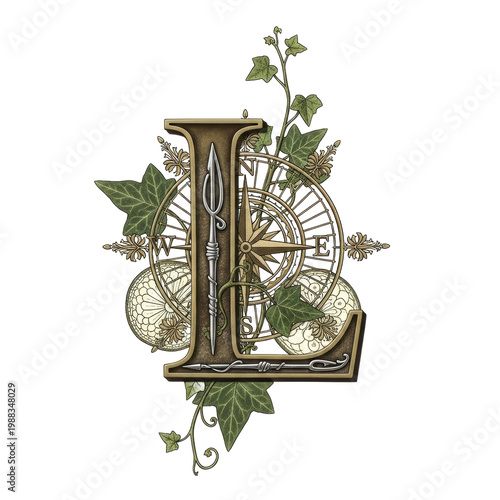Decorative initial L with compass ivy and spear