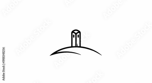 Stylized tower atop a rounded hill, minimal black and white graphic