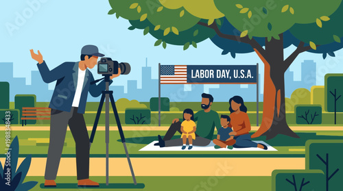 Labor Day USA family portrait session in city park vector illustration