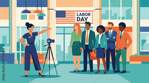 Diverse Business Professionals Celebrating Labor Day in Modern Office