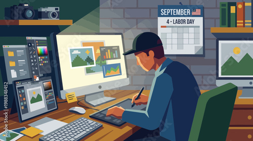 Graphic Designer Working at Modern Workstation Illustration