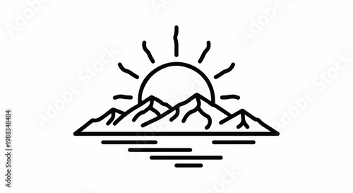 Minimalist sunrise over jagged mountains reflected in calm water