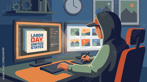 Graphic artist designing Labor Day poster in home office studio