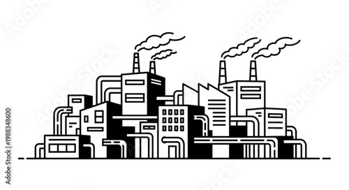 Industrial factory complex with smoking chimneys and pipes.