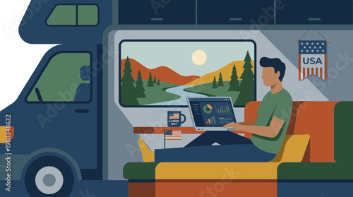 Digital nomad working on laptop inside camper van for Labor Day