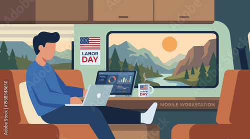 Man Working Remotely in Mobile Workstation on Labor Day