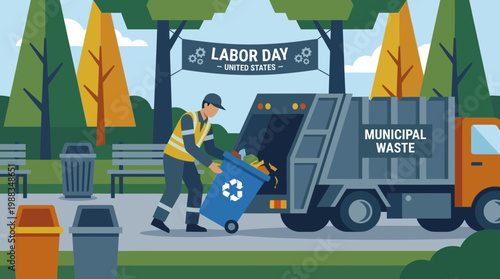 Sanitation Worker Emptying Recycling Bin into Truck on Labor Day
