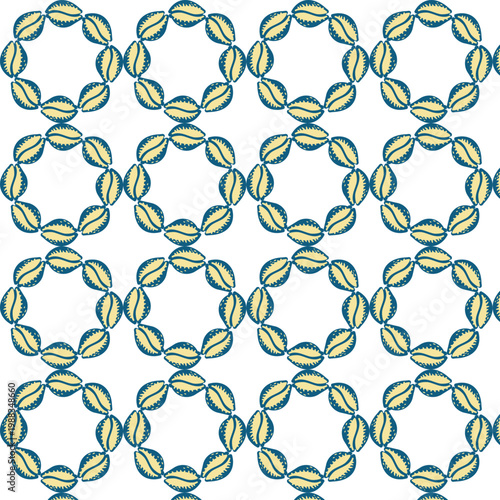 Cowrie shell wreath seamless pattern. Vector nautical background with repeating circular seashell ornaments, blue and yellow marine wallpaper for textile and decor.