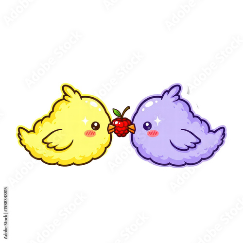 Cute cartoon birds sharing a raspberry