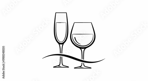 Two elegant glasses, one flute, one wine, hold drinks over a wave