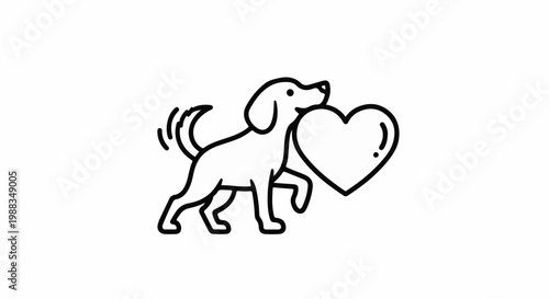 A simple line drawing of a dog carrying a large heart in its mouth
