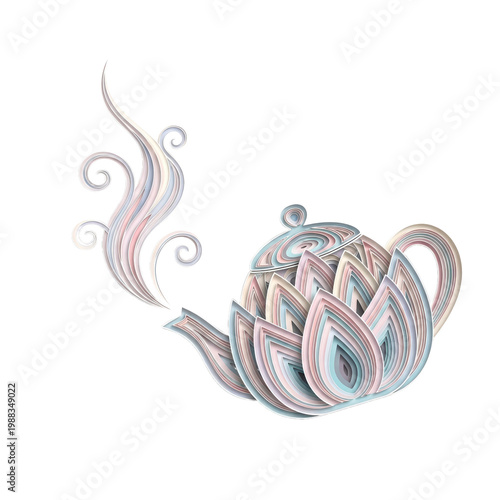Decorative pastel teapot with stylized steam quilling art